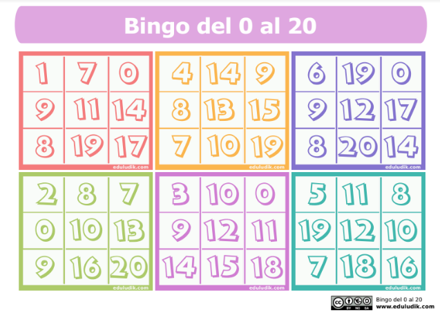 Cartón de bingo – Números hasta el 20